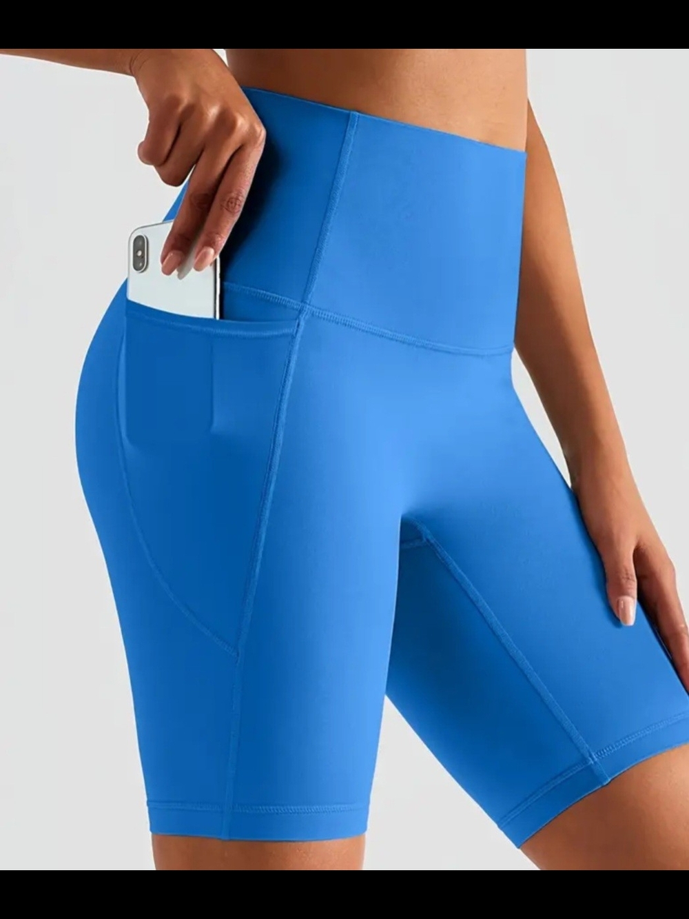 High-Waist Blue Women's Performance Bike Shorts with Side Phone Pocket
